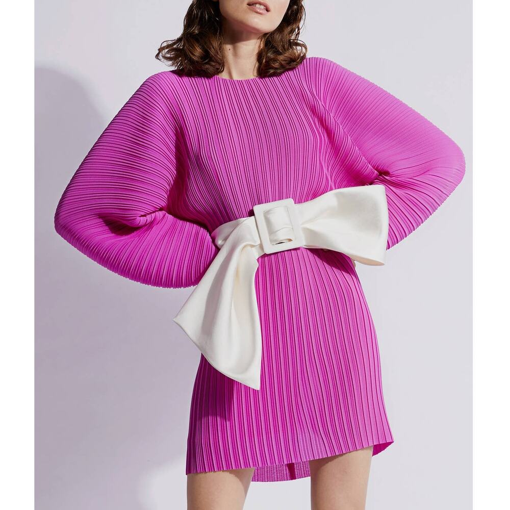 Solace London Tanzy Fuchsia Pleated White Bow Long Sleeve Mini Cocktail Dress
